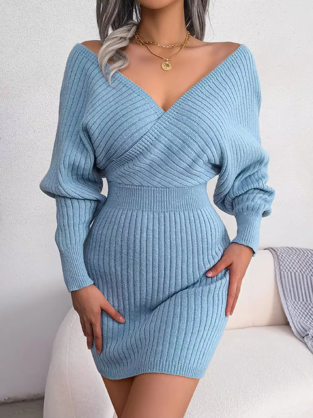 2024 New Spring Bodycon Sweater Dresses for Women Autumn Casual Long Sleeve Knitted Clothes White Green Blue Black Purple Dress