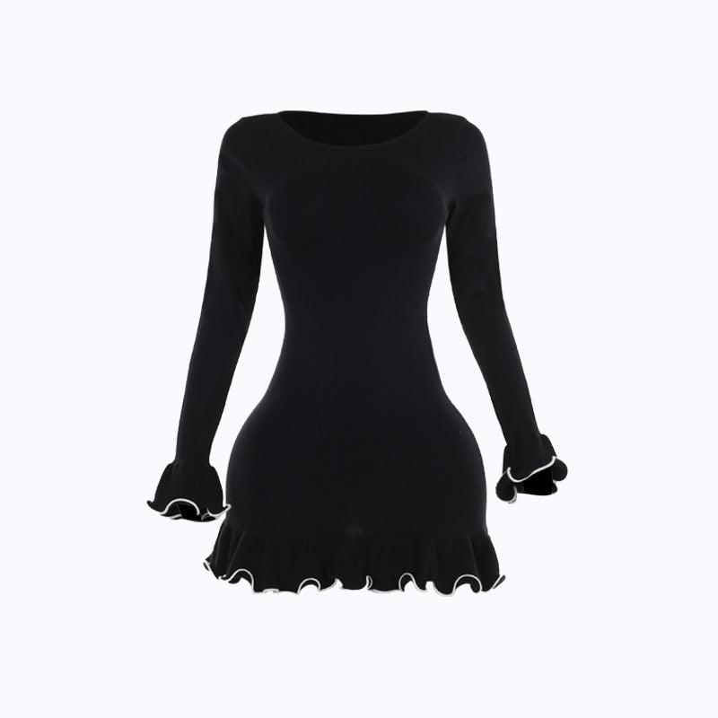 European and American Style Elegant Contrast Color Wave Curling a Hem Long Sleeve Woolen Dress