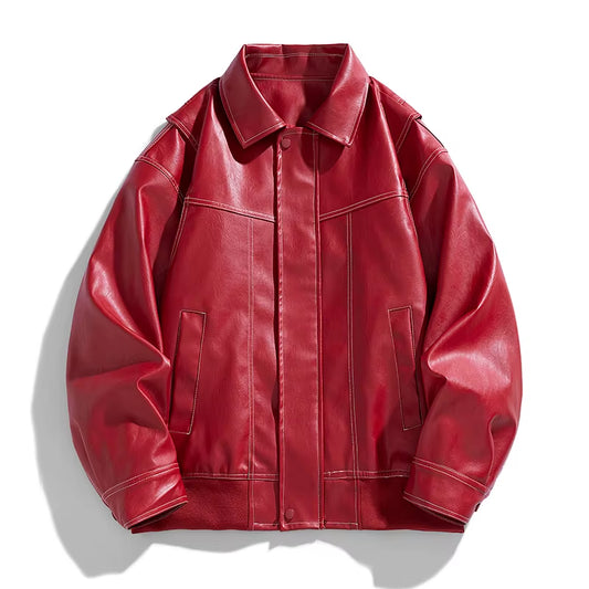 American Retro PU Leather Red Men'S Jacket Lapel Collar Casual Loose Fitting Fashion Leather Jackets Couple Street Harajuku Coat