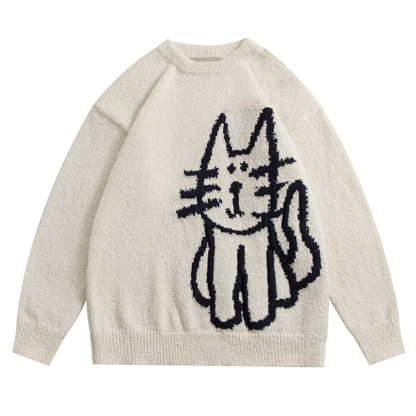 Women'S Pullover Sweater Hand Drawn Cat Graphic Printed Oversized Sweater Fall Winter Fashion Couple Tops